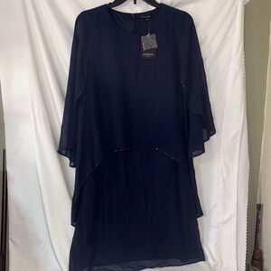 Marina Navy Blue Embellished Chiffon Overlay Sheath Cocktail Dress Size 6 NWT